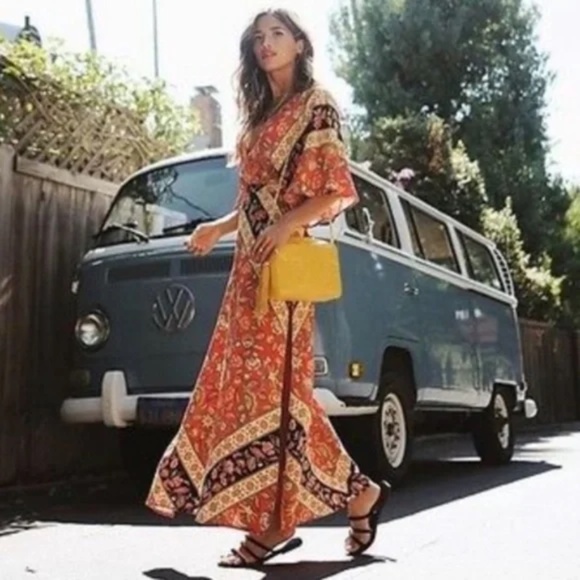 SOLD OUT Red Bohemian Floral Open Back Kimono Maxi Dress - Picture 4 of 6